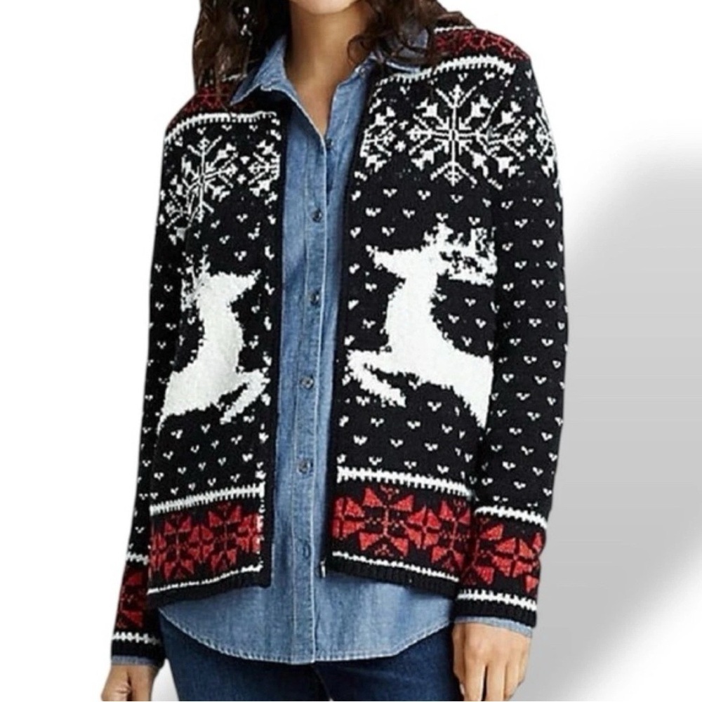 J. Jill Deer Valley Fair Isle Full Zip Cardigan Nordic Sweater Women's Large